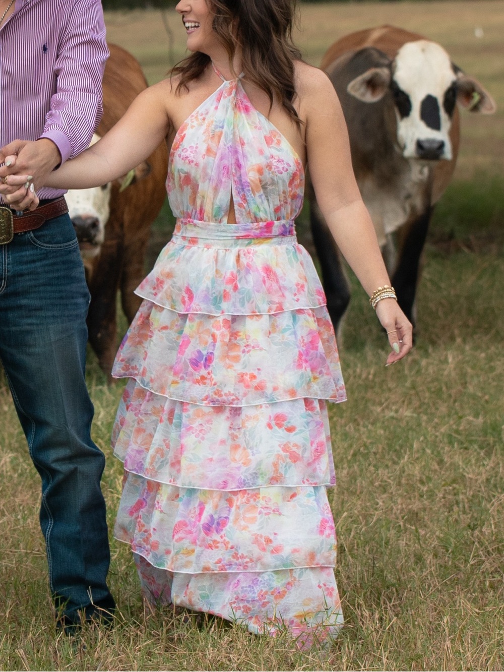 Tiered Floral Halter Maxi Dress - Pastel Pink & Blue